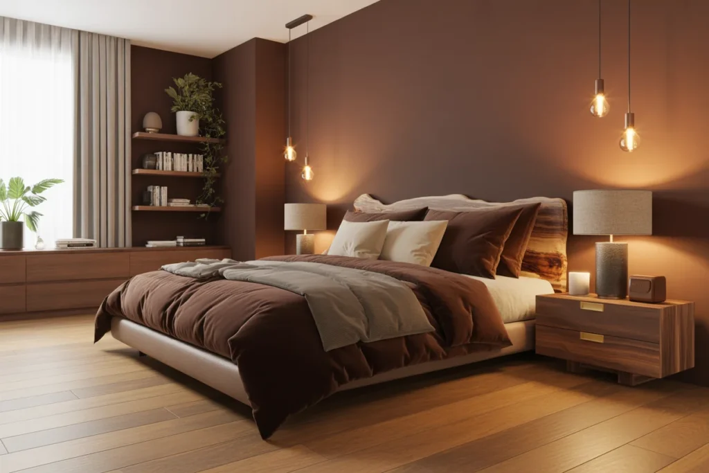 Cocoa brown bedroom with wooden decor