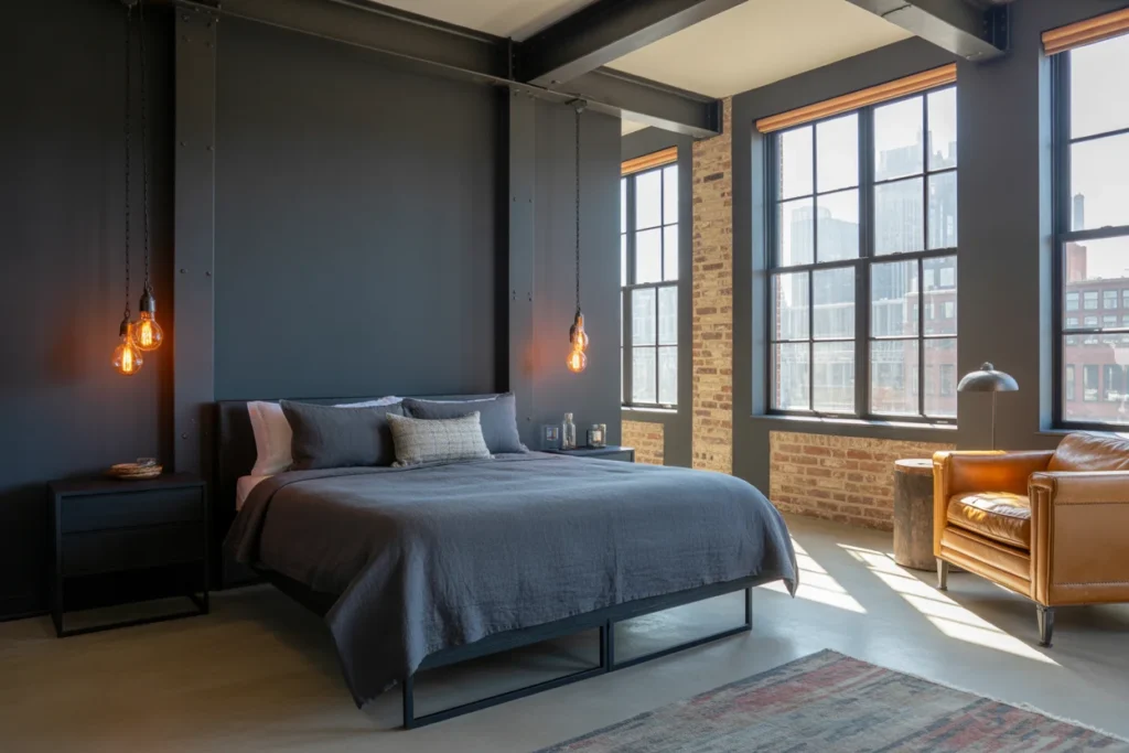  Industrial bedroom with charcoal tones, metal accents