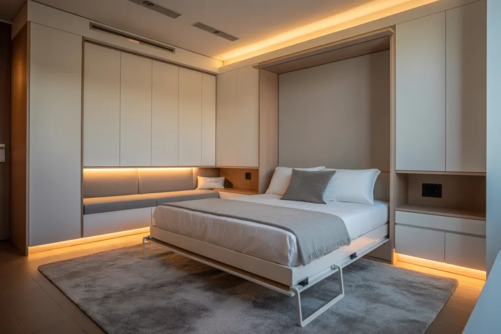 Zoned small bedroom with Murphy bed