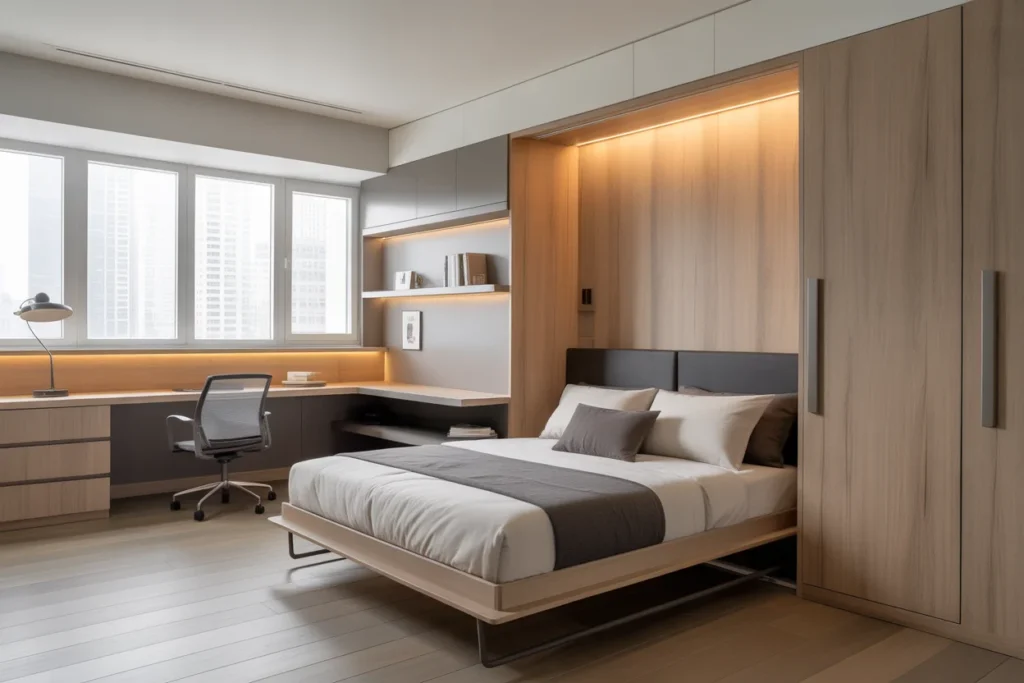 Sleek bedroom with Murphy bed, compact desk area