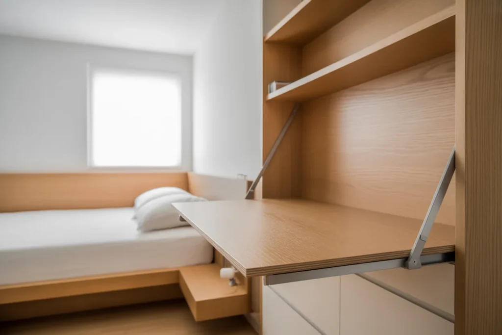  Fold-down wall desk in small bedroom, minimal and functional layout.