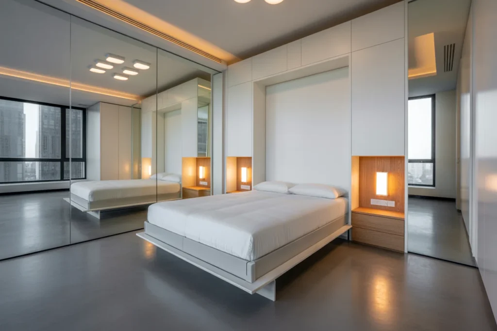 Spacious urban bedroom illusion with Murphy bed