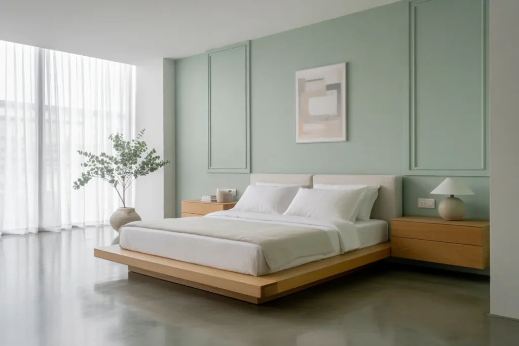 Minty green bedroom with minimalist decor
