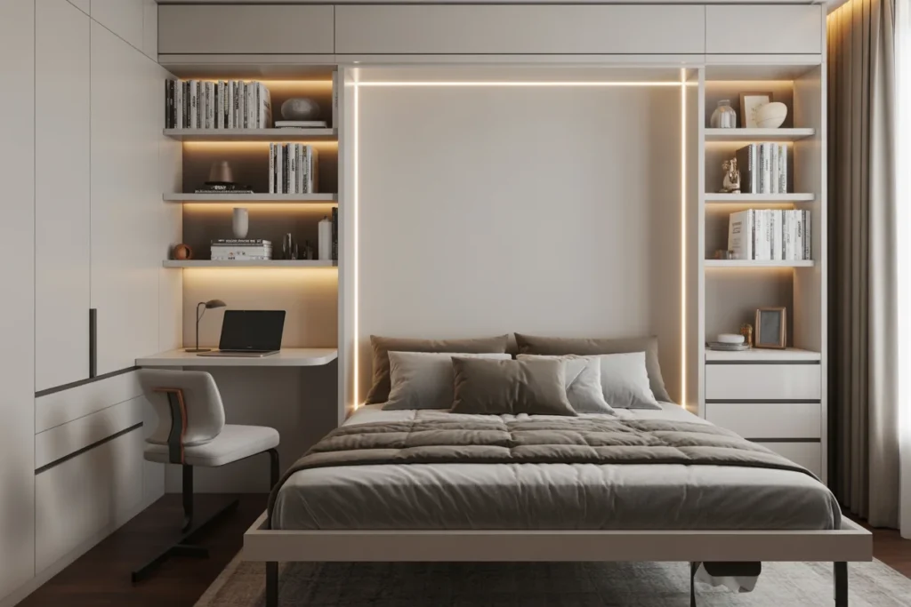 Organized Murphy bed bedroom, integrated lighting