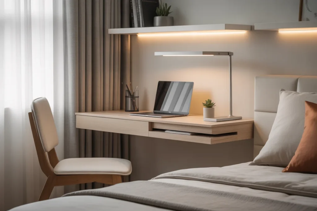  Small bedroom with foldable desk setup
