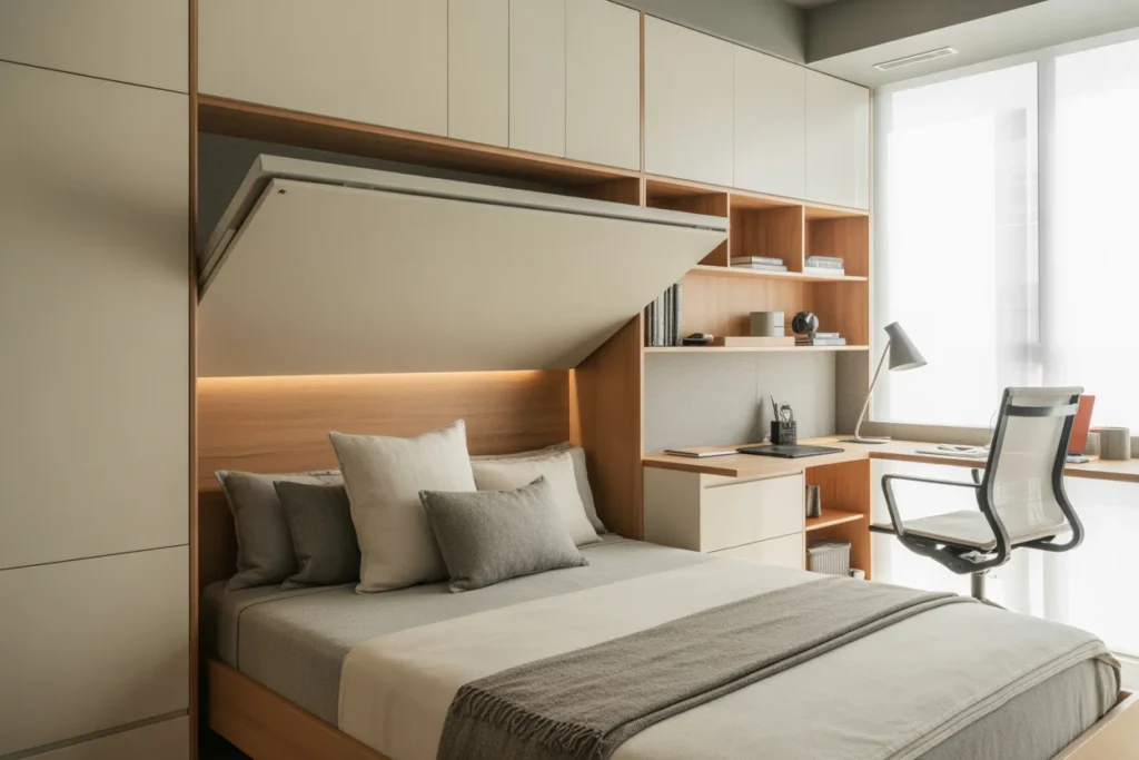 Zoned Murphy bed bedroom, workspace integration