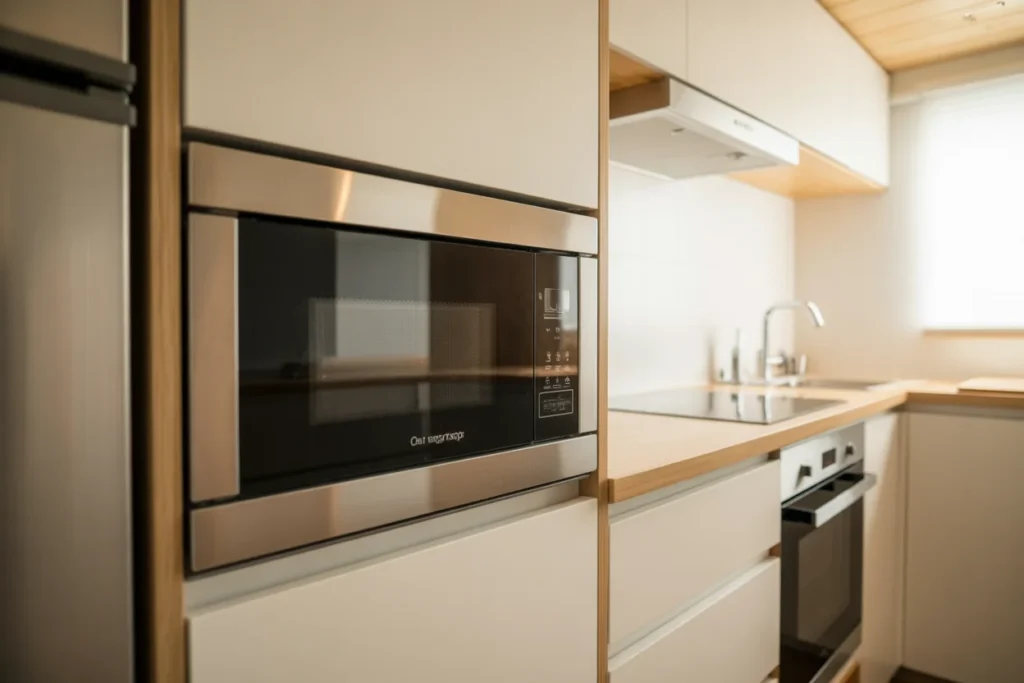 built-in microwave kitchen tiny home