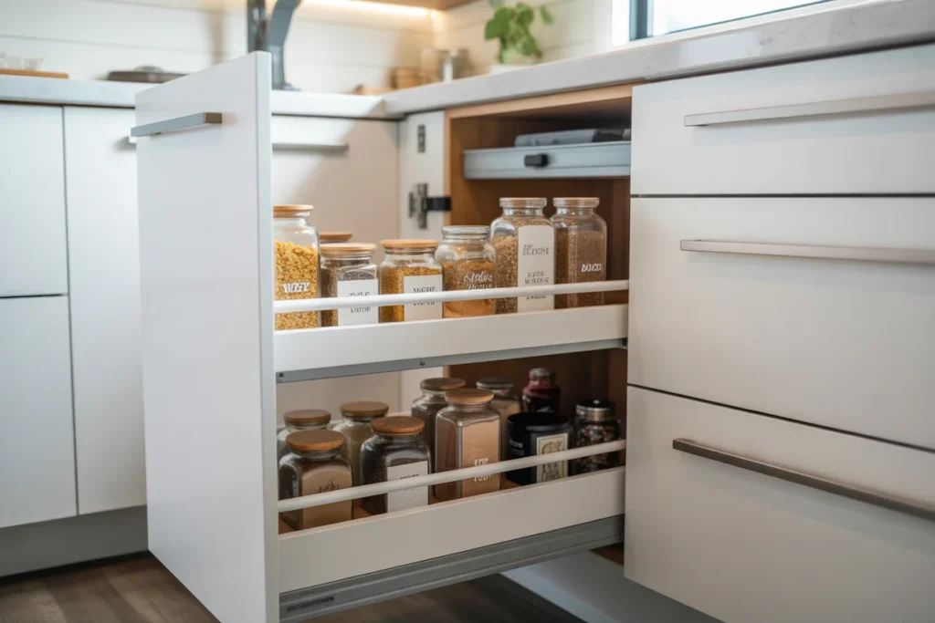 pull out pantry kitchen, tiny home storage solution