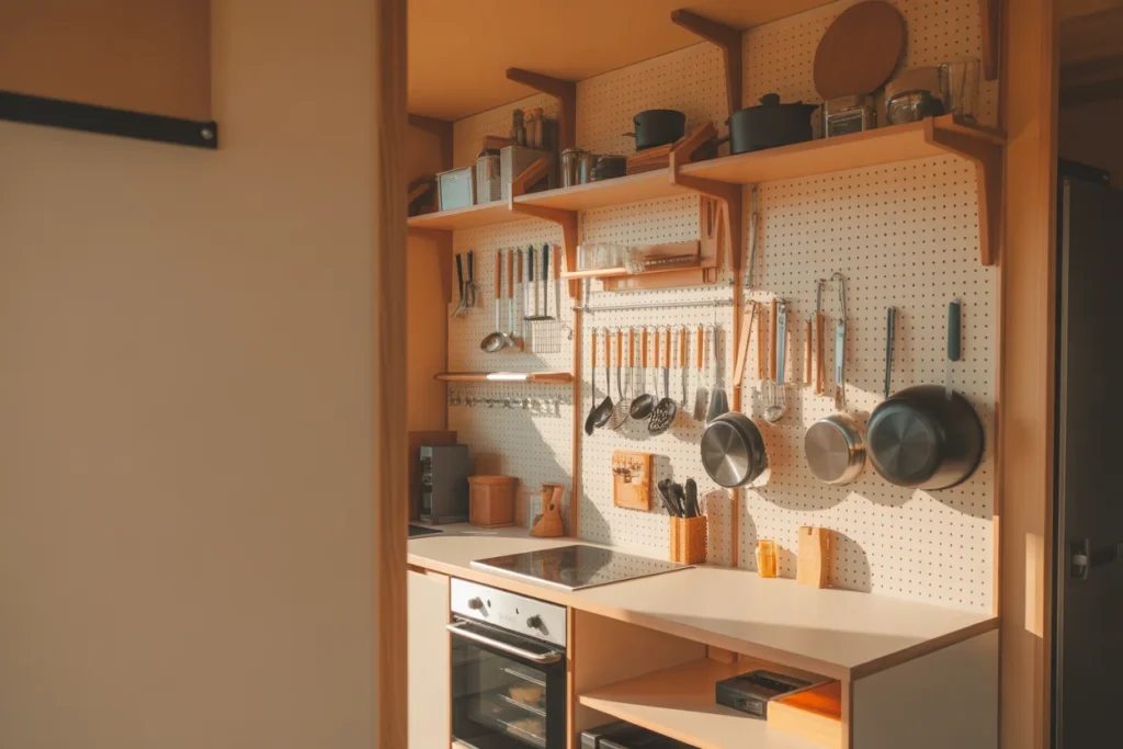 pegboard kitchen storage tiny home