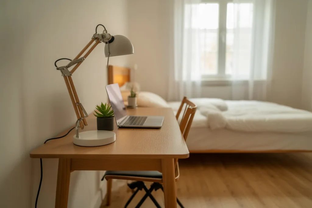 Clean minimalist desk setup in small bedroom