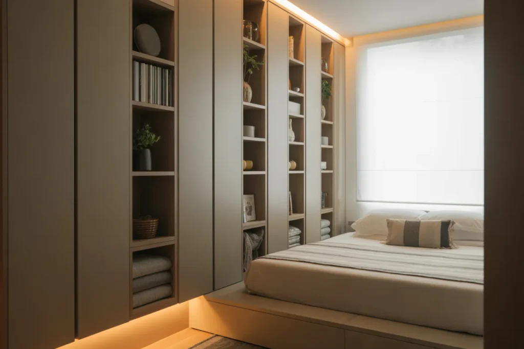 Small bedroom with vertical wall storage