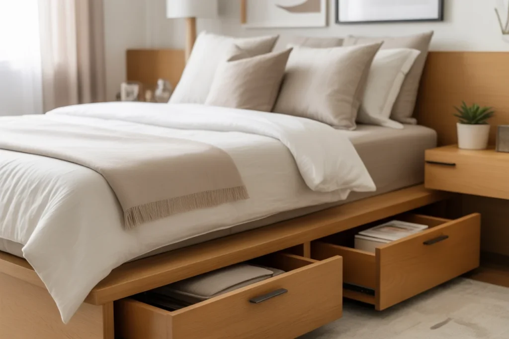 Compact bedroom with storage bed,