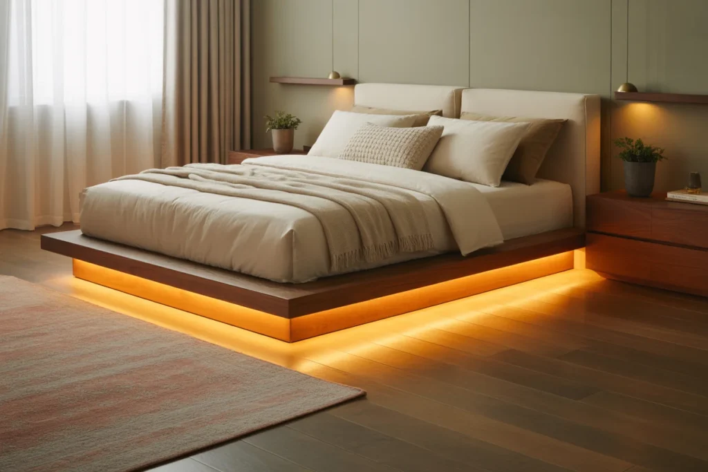 Cozy bedroom with ambient lighting under bed
