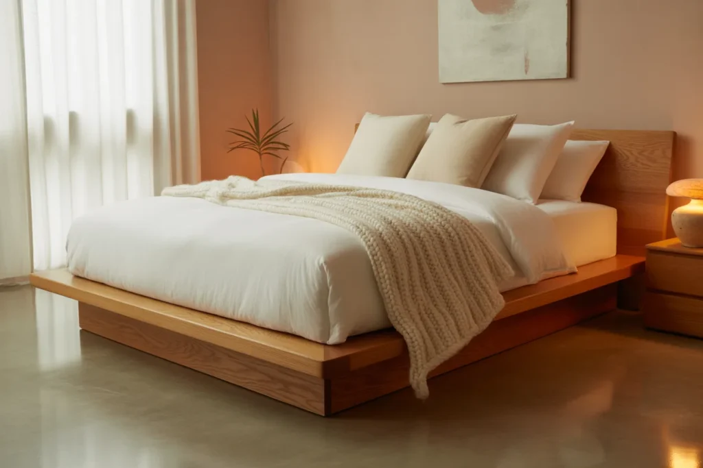 Modern beige bedroom with wooden bed, soft lighting