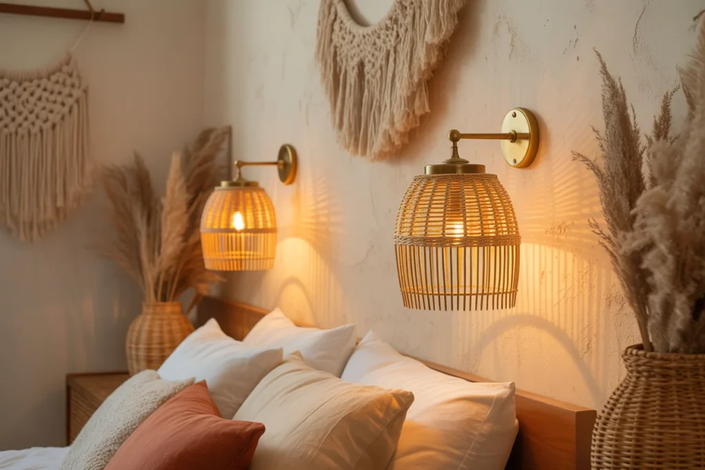 Small boho bedroom wall sconces, warm ambient lighting, modern cozy interior