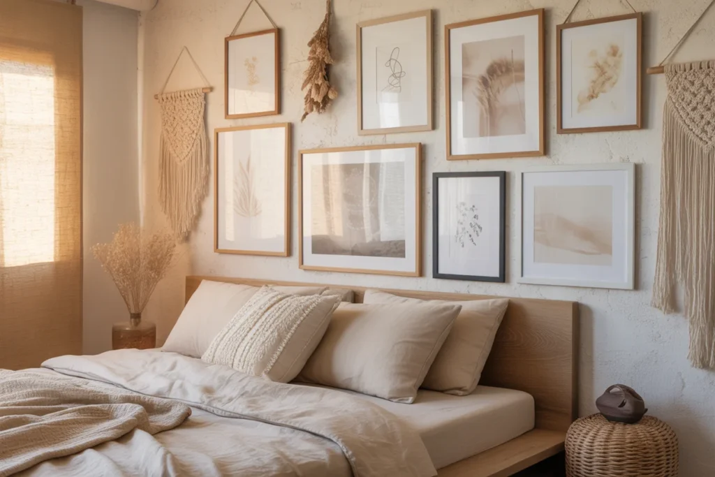  Small boho bedroom gallery wall, modern minimalist frames