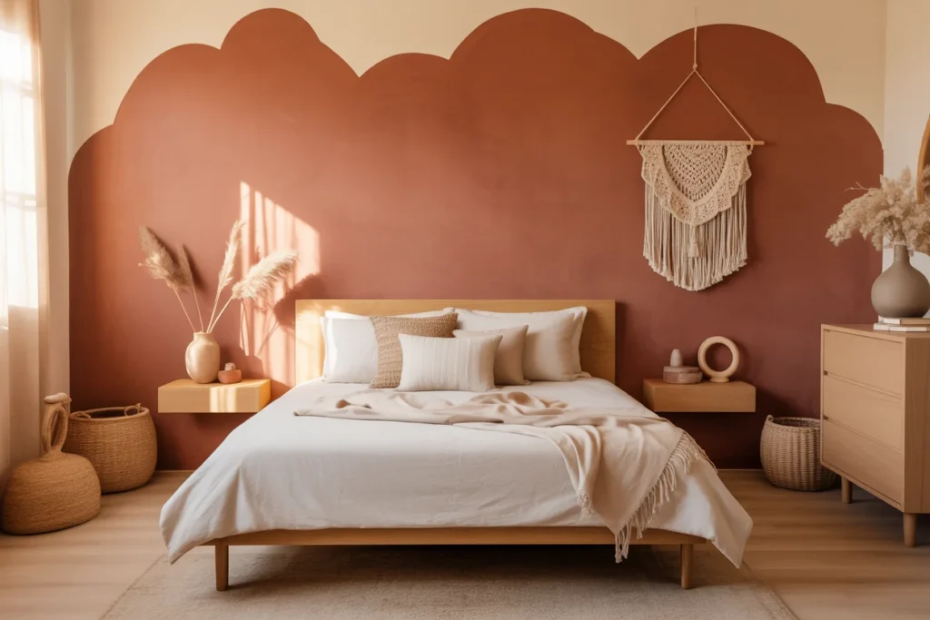 Small bedroom earthy accent wall, terracotta paint
