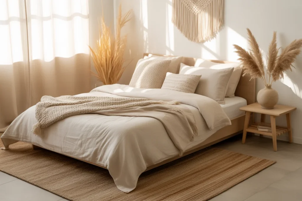 Small boho bedroom with neutral bedding