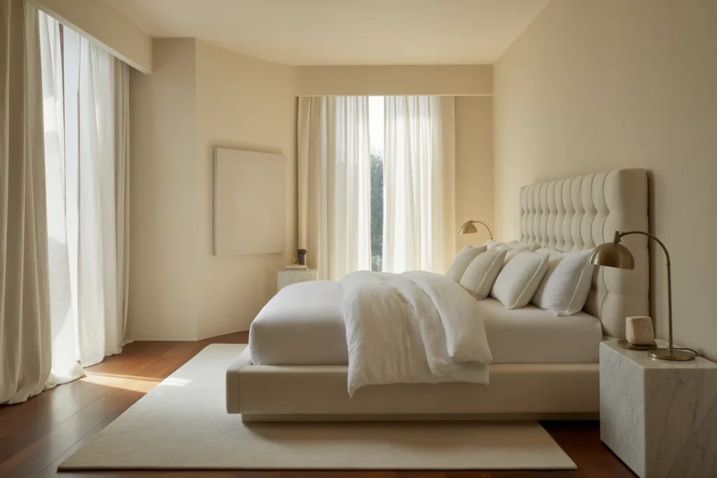 Ivory modern bedroom with white bedding, soft curtains