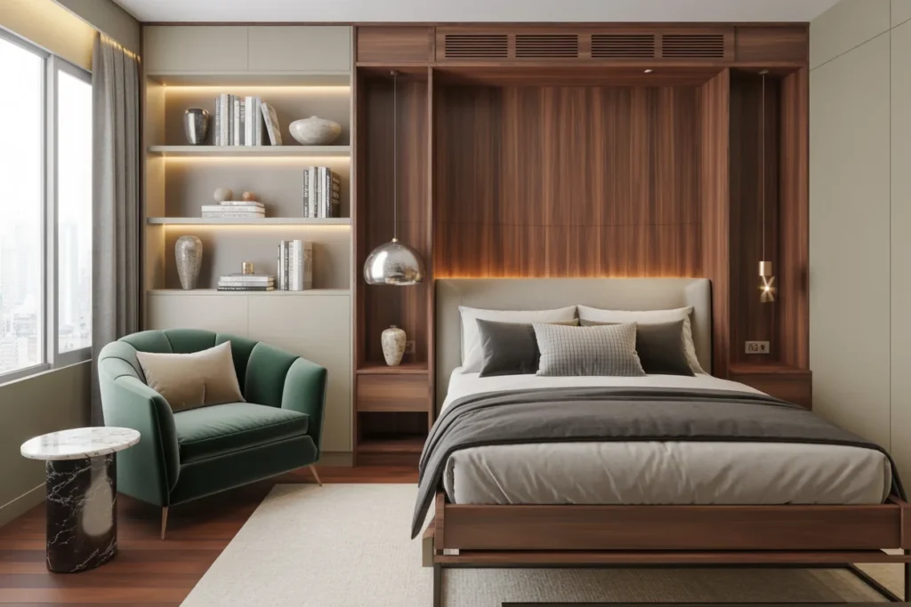 Luxury small bedroom with Murphy bed, seating corner