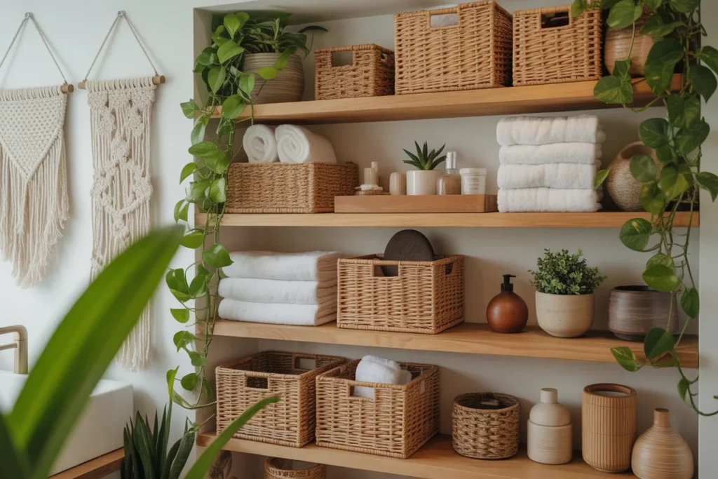 open shelves bathroom, boho decor