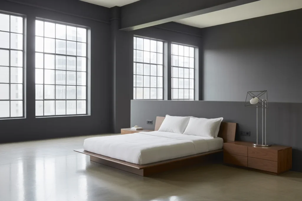 Gray modern bedroom with minimalist furniture