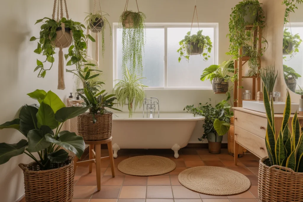 boho bathroom plants, greenery