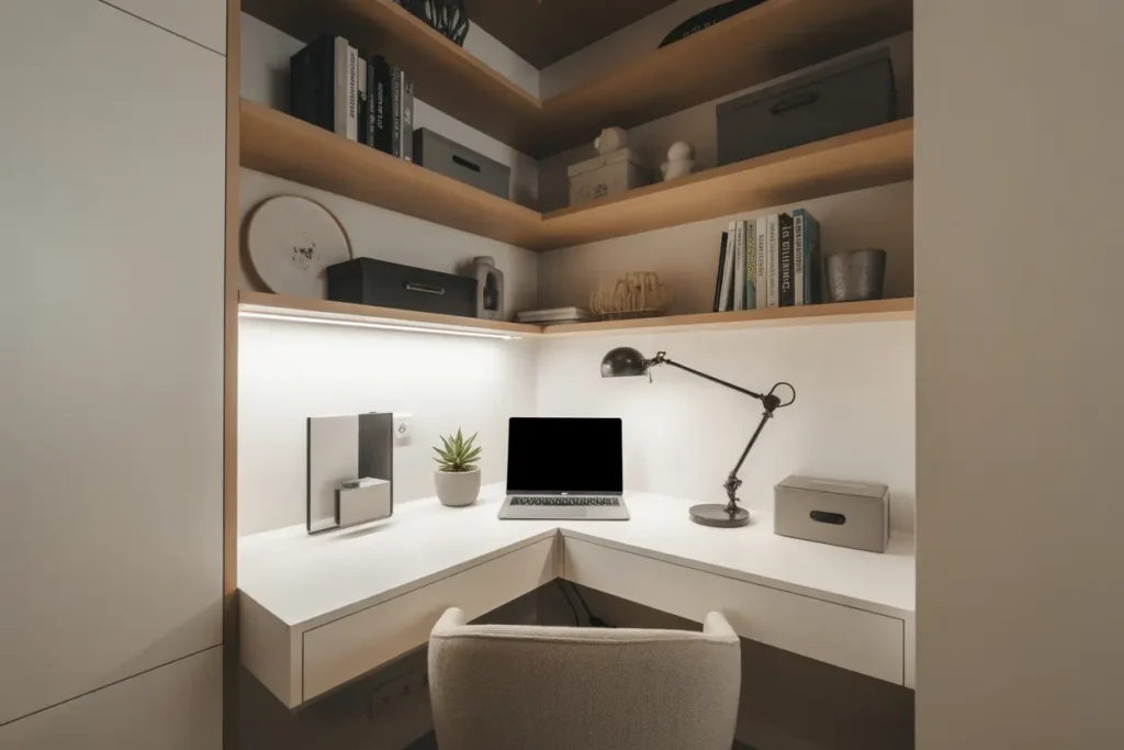 corner home office setup, compact desk