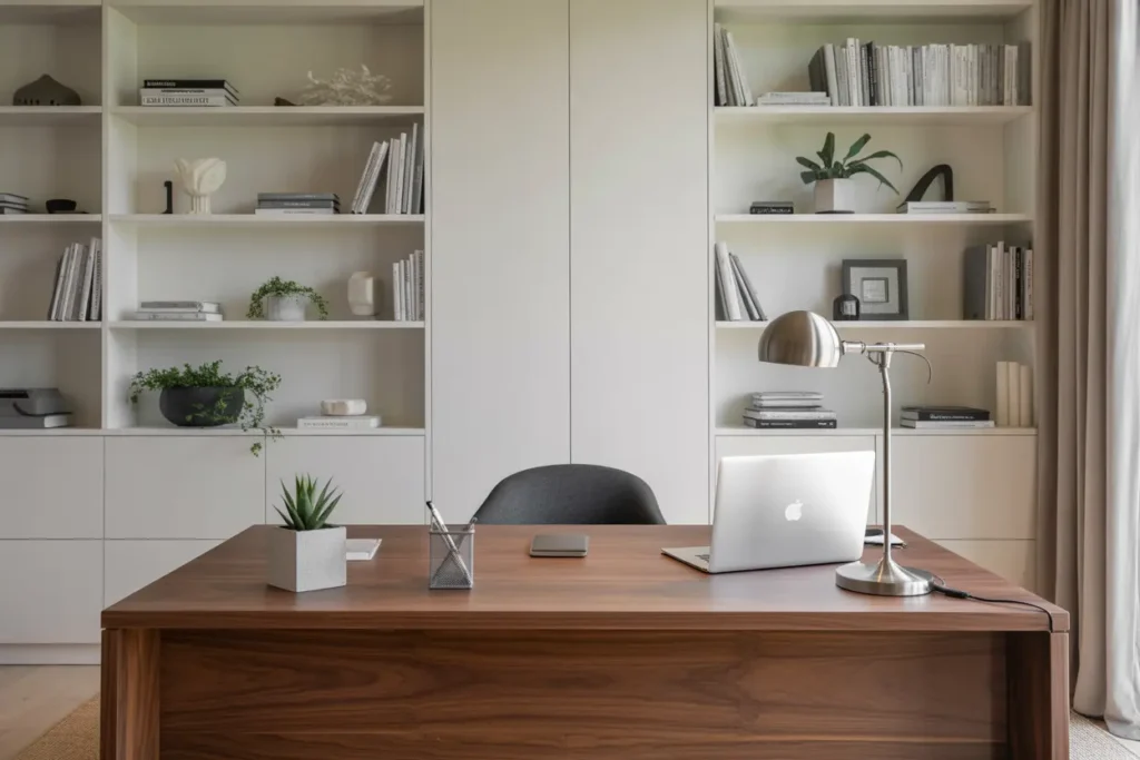 modern home office with built in shelves