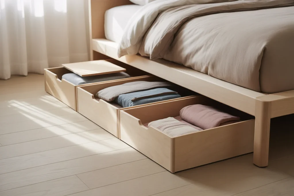 Under-bed storage boxes in a small bedroom
