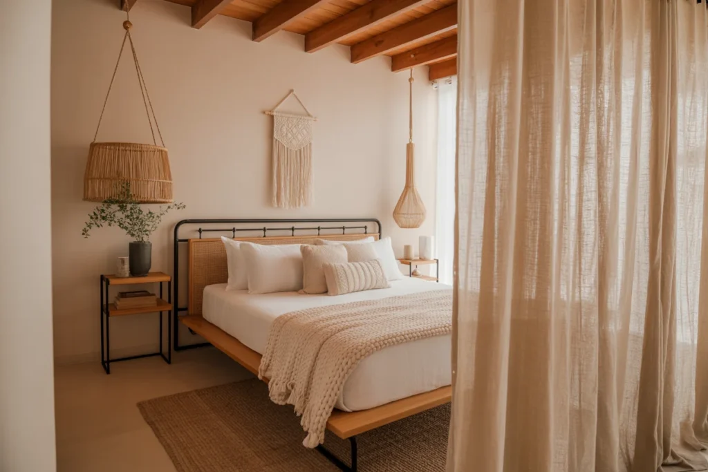  Small boho bedroom black accents, modern minimalist decor,