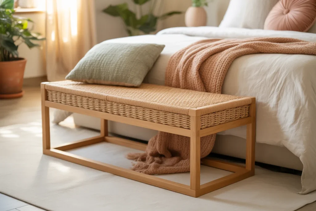 Small boho bedroom storage bench, modern minimalist design