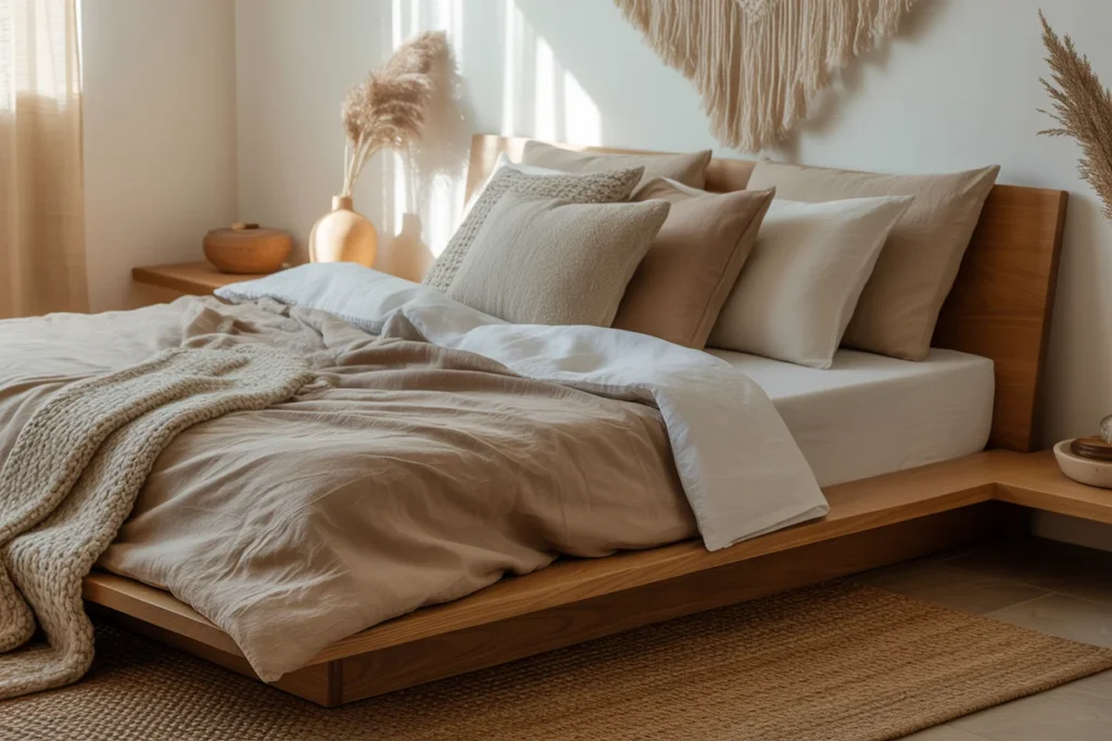 Small bedroom low platform bed, boho modern design