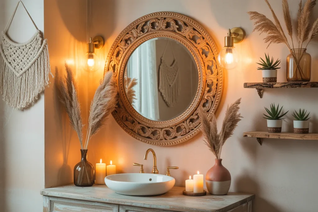 vintage mirror bathroom, boho decor
