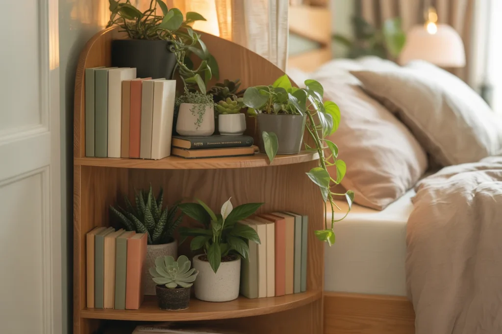 Corner shelving unit in cozy bedroom