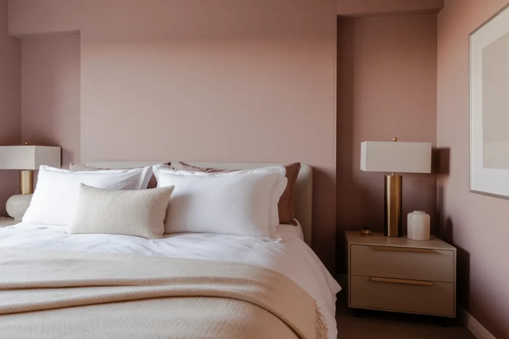 Mauve bedroom with soft lighting, white bedding