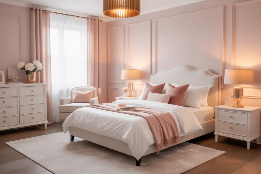 Soft pastel pink bedroom with white furniture, gold accents