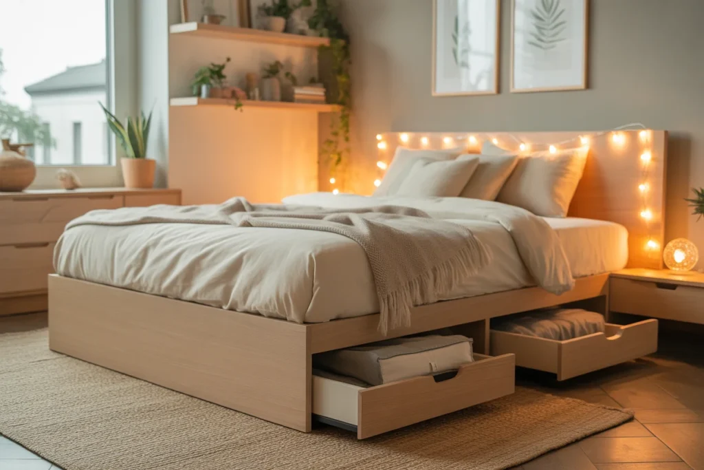 Compact bedroom with hidden drawer bed