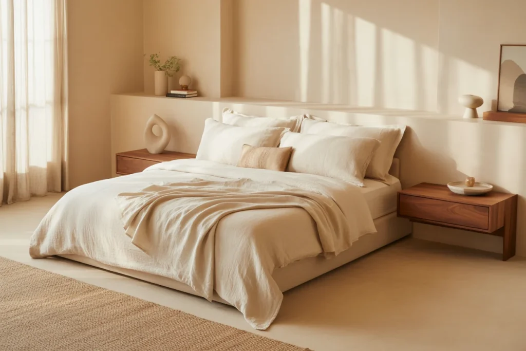 A modern beige bedroom with soft lighting, linen bedding
