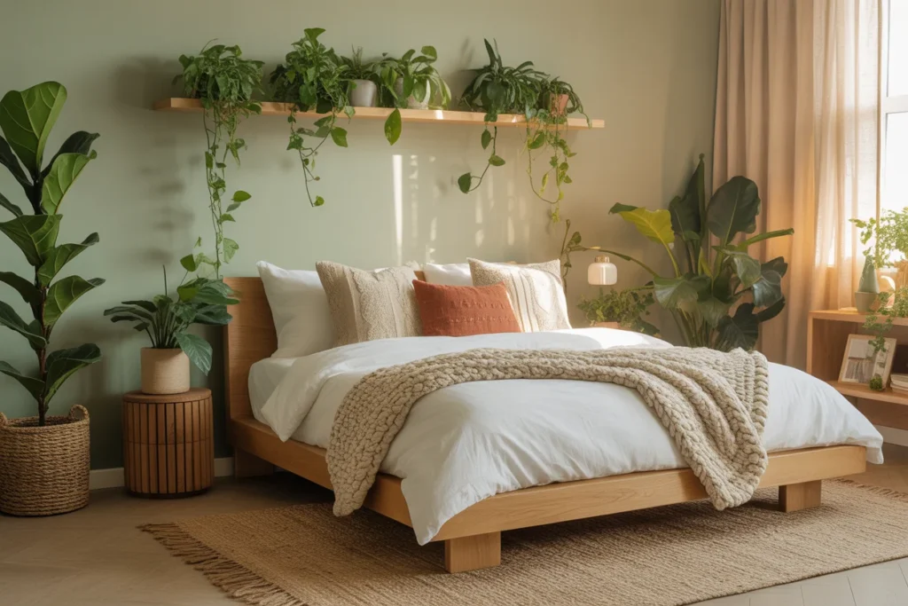 Sage green bedroom with natural wood furniture, indoor plants