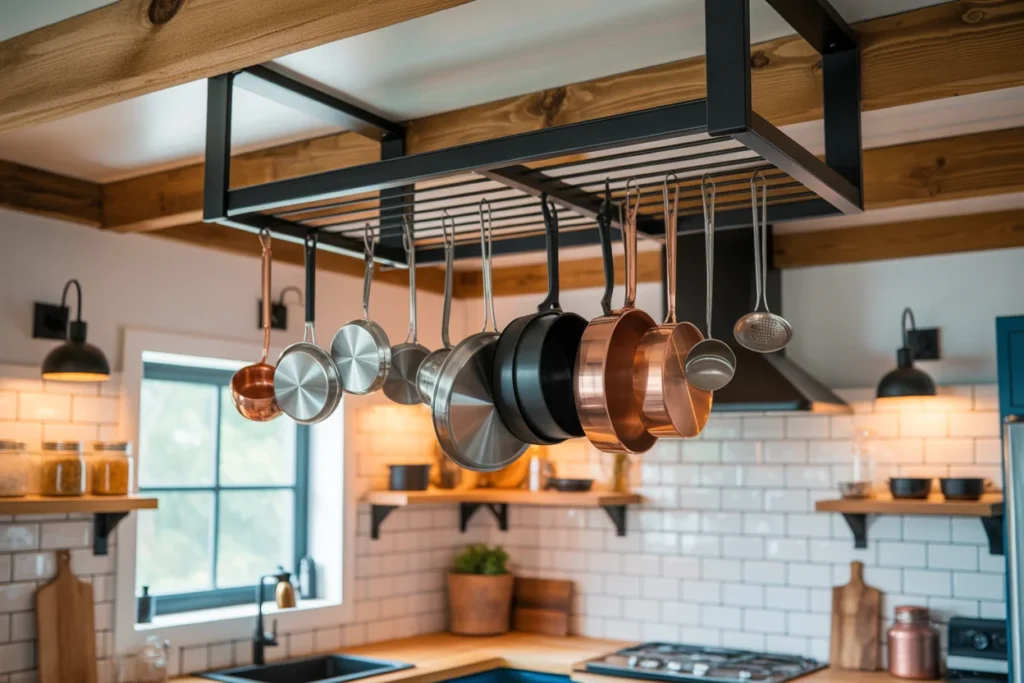 ceiling pot rack, kitchen, tiny home