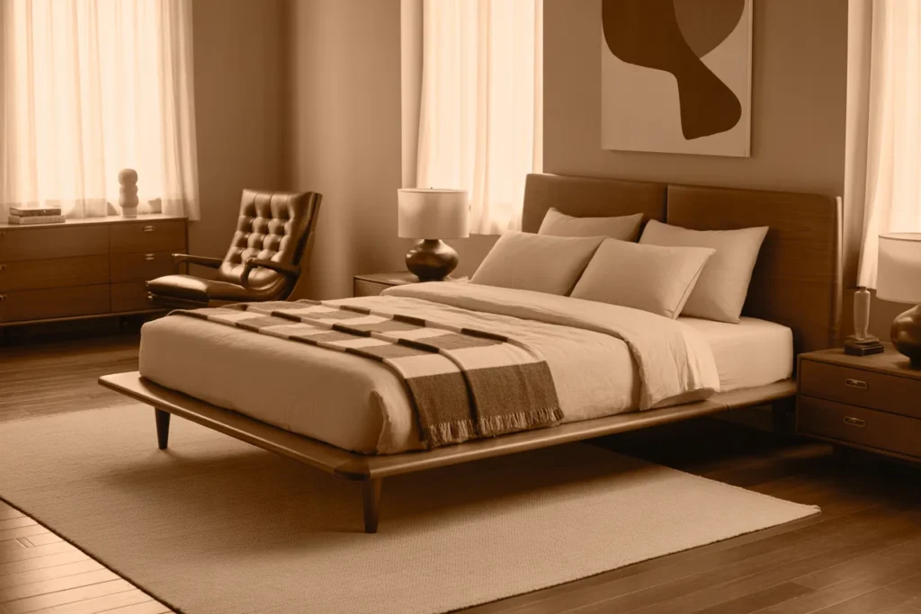 Sepia toned bedroom with vintage modern USA aesthetic interior