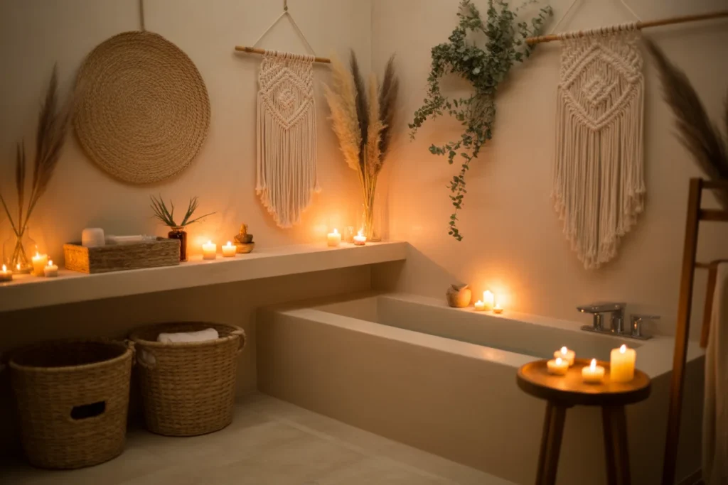soft lighting bathroom, boho ambience