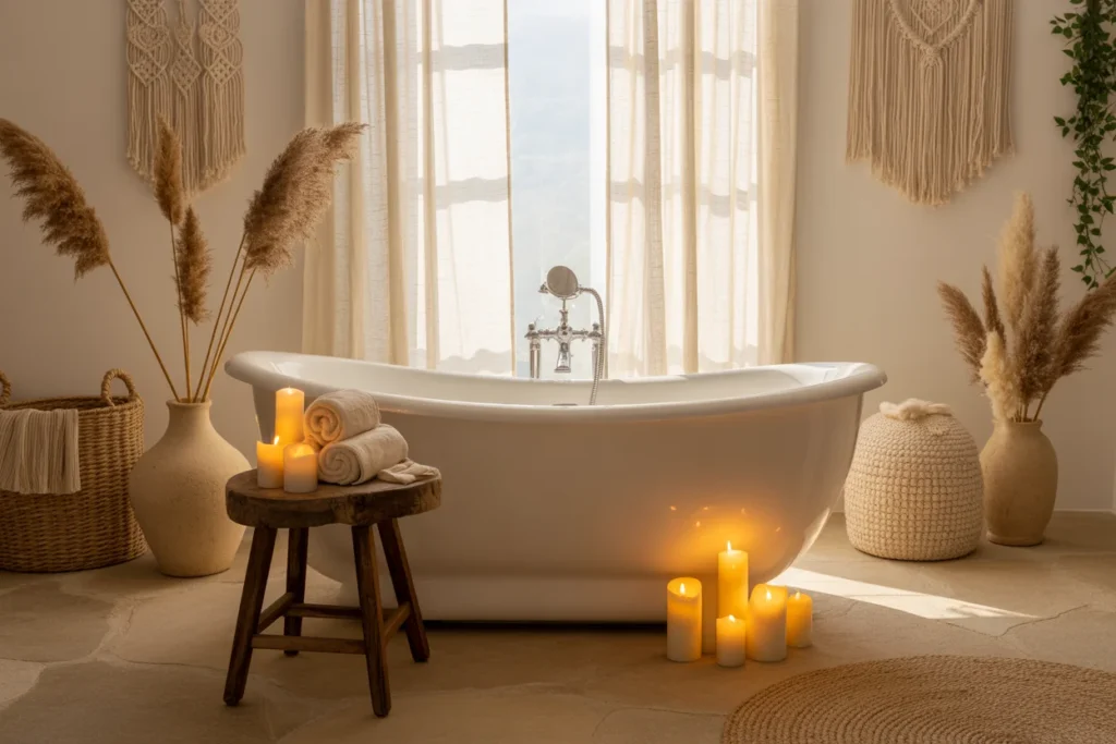 freestanding tub, boho bathroom