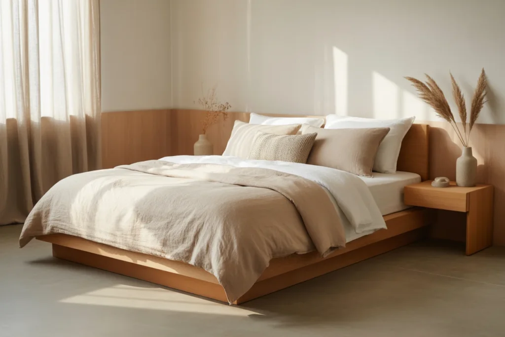 Japandi bedroom with beige tones, wooden furniture