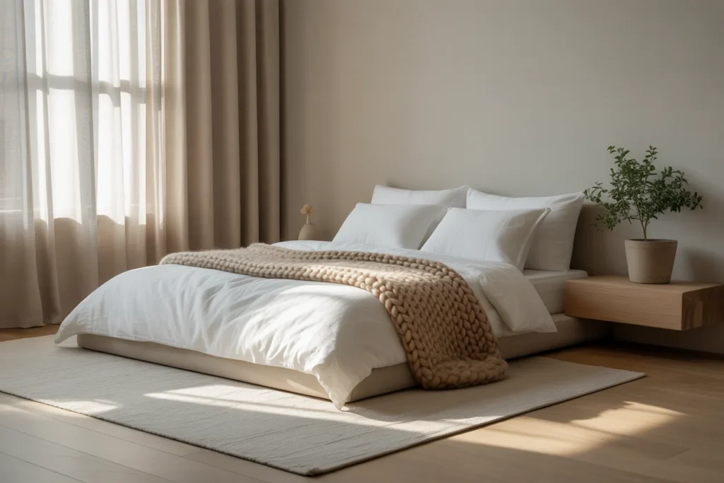 calm small bedroom with neutral palette, soft textures, natural light