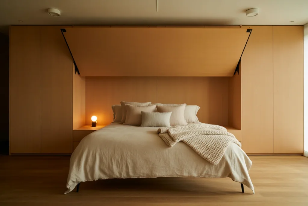 Peaceful bedroom with Murphy bed, warm lighting, soft bedding