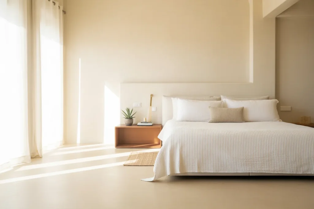 Clean minimalist bedroom after decluttering, soft aesthetic