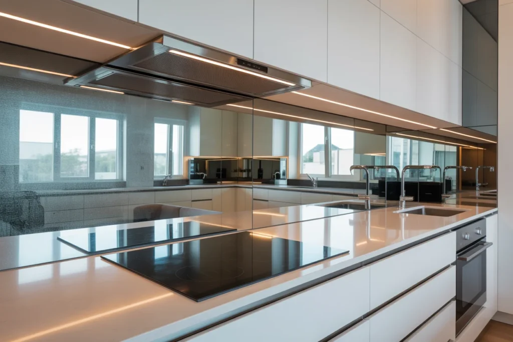 mirror backsplash tiny kitchen