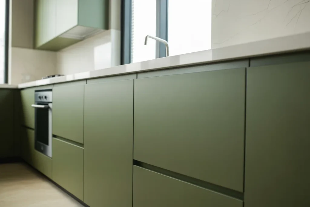 Matte Green Cabinets Sleek Modern Kitchen Look